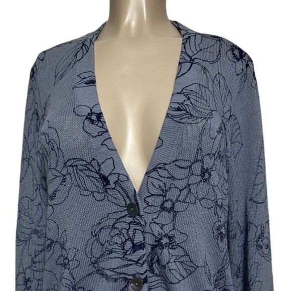 Chico's Cardigan Sweater Women's Size 1/M Blue Button Front Floral Linen Blend - Picture 2 of 14